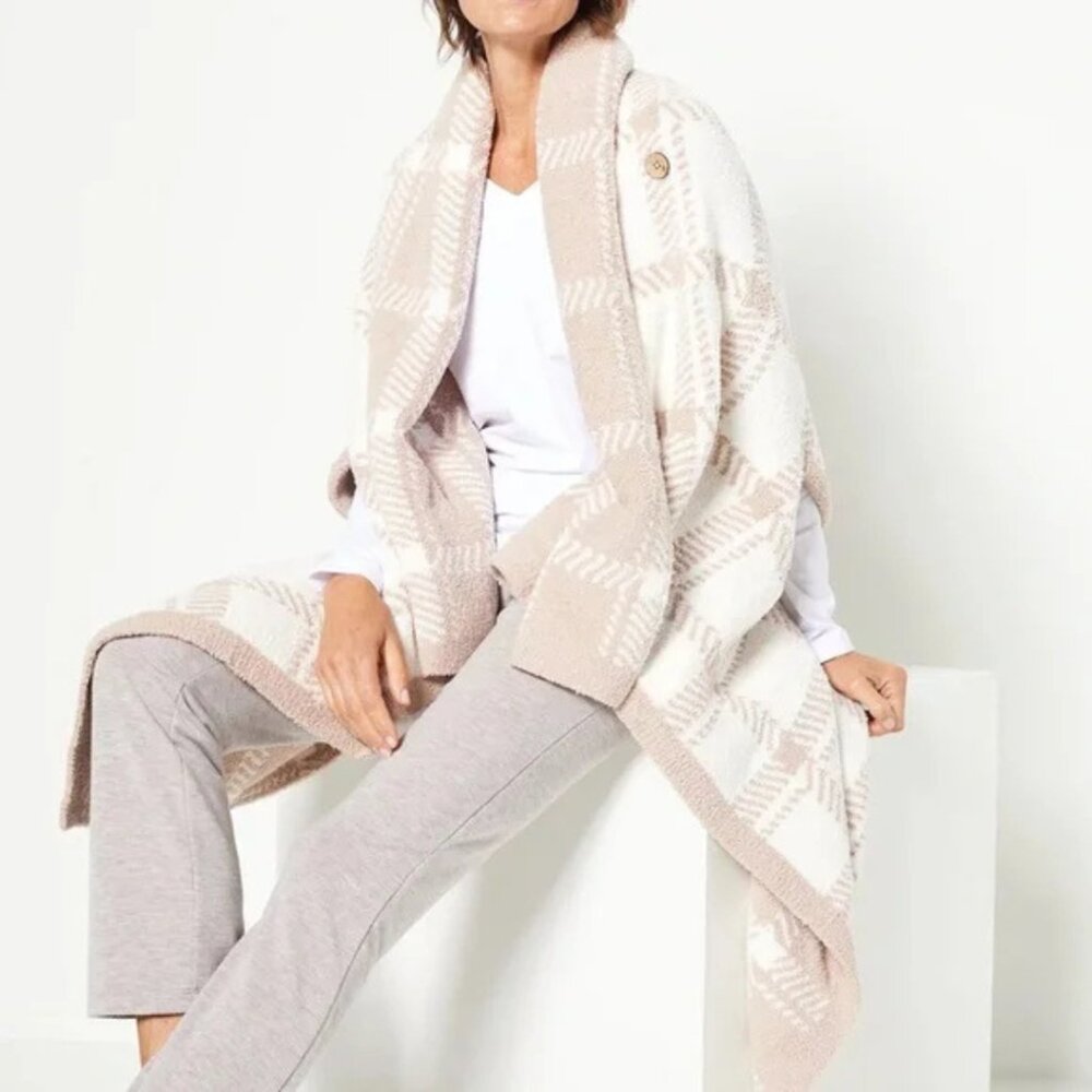 Barefoot Dreams Cozychic Wearable Blanket Ivory Tan Plaid Shawl Collar Wrap OS